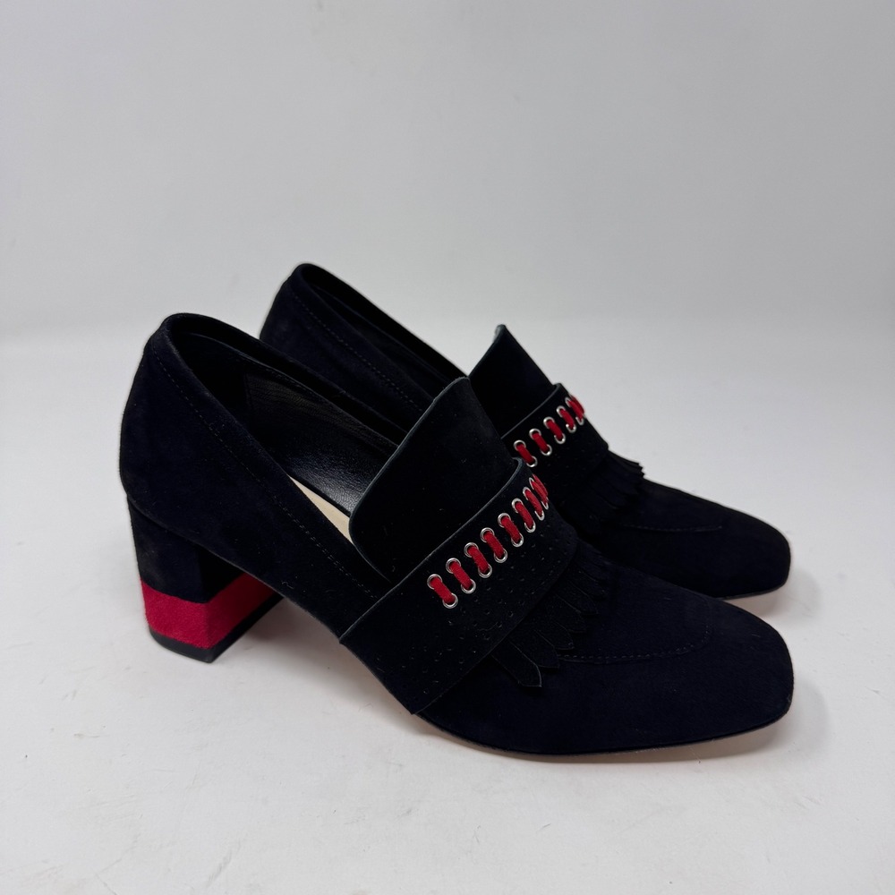 Butter Italy Black Suede Loafers Fringe Red Trim Block Heel 6.5